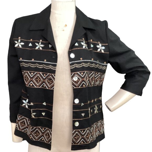 Alfred Dunner Linen Blend  Button Up Beaded Embroidered Petite Sz 10P Black 126K - Picture 3 of 7